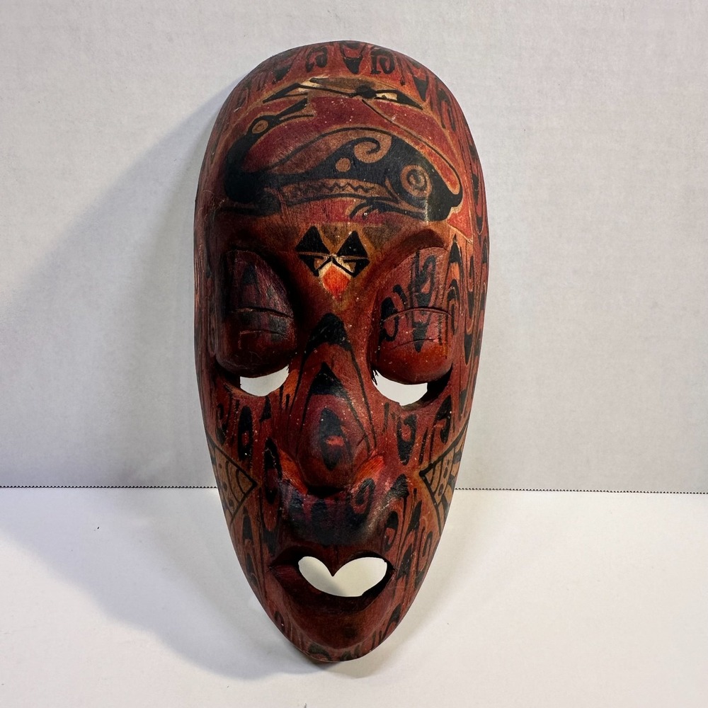 Vintage Indonesian Hand Carved Painted Wood Mask Red Black Folk Art Wall Decor